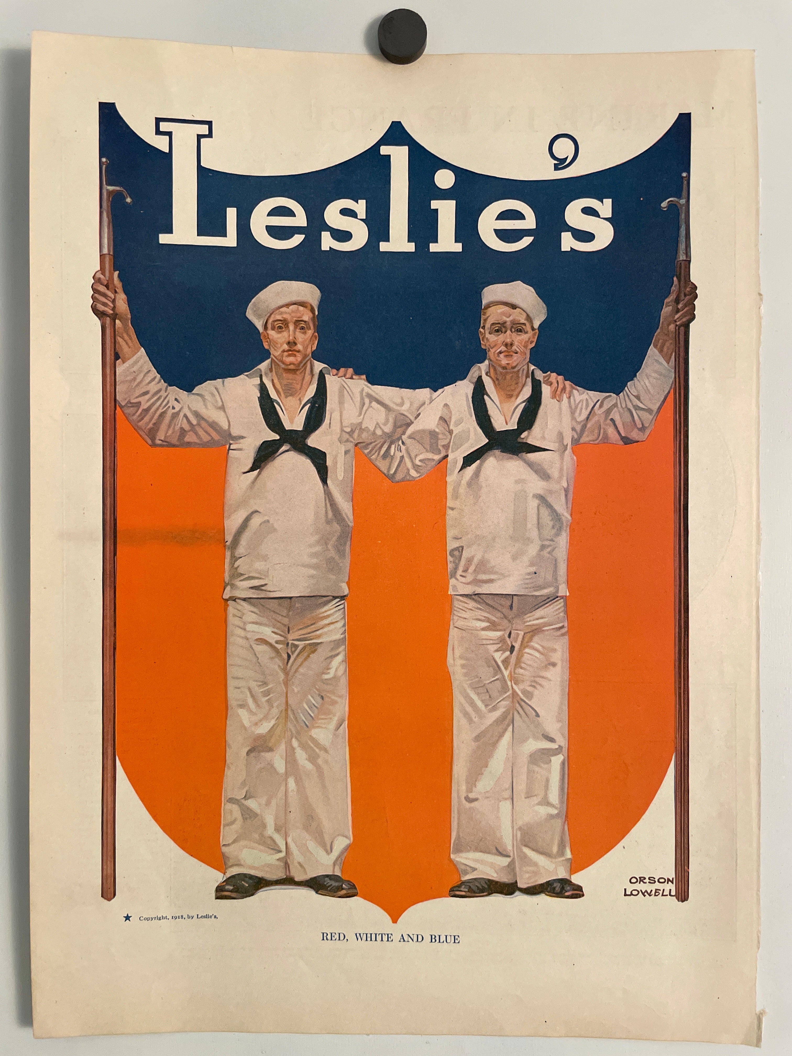 Leslie’s- Red, White and Blue, antique lithographic magazine cover by Orson Lowell, 1918 - HAPPIEST KID FINDS - Museum-quality antique and vintage posters, original art, preservation and restoration
