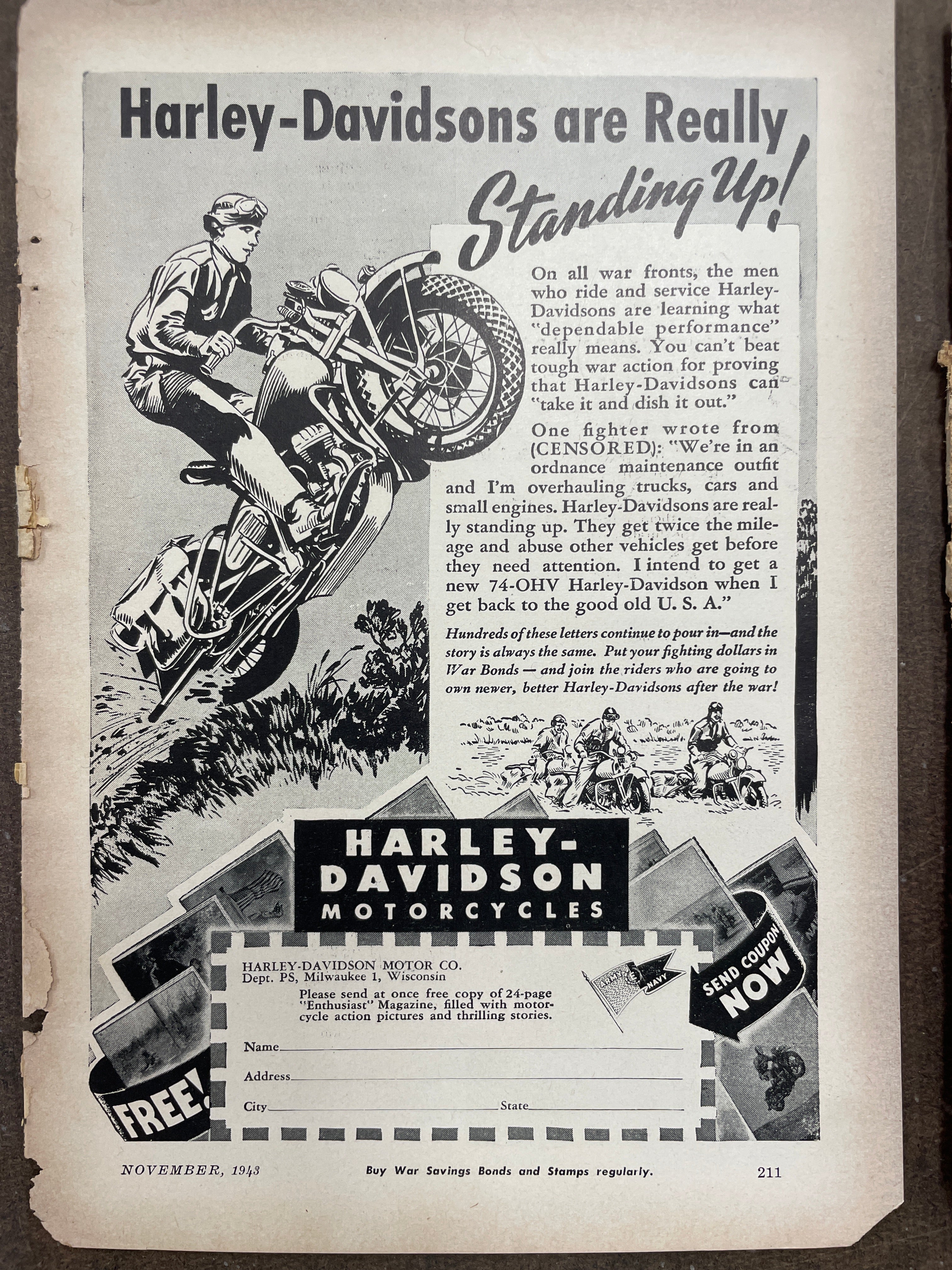 Lot of (11) Vintage Motorcycle Harley-Davidson, Indian, Triumph Motorcycle Magazine Ads from the 1940s and 1950s - HAPPIEST KID FINDS - Museum-quality antique and vintage posters, original art, preservation and restoration