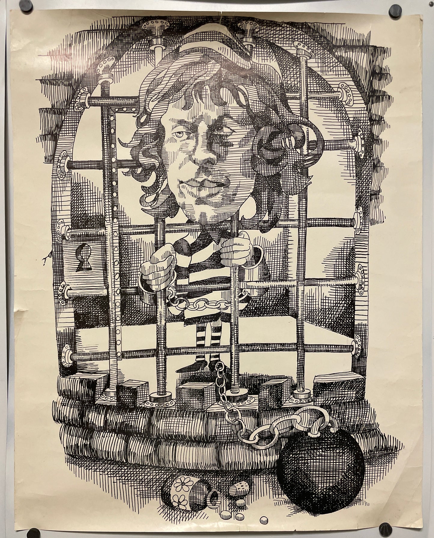 Rare and vintage caricature poster of Mick Jagger of the Rolling Stones in jail, c.1967 at Happiest Kid Finds