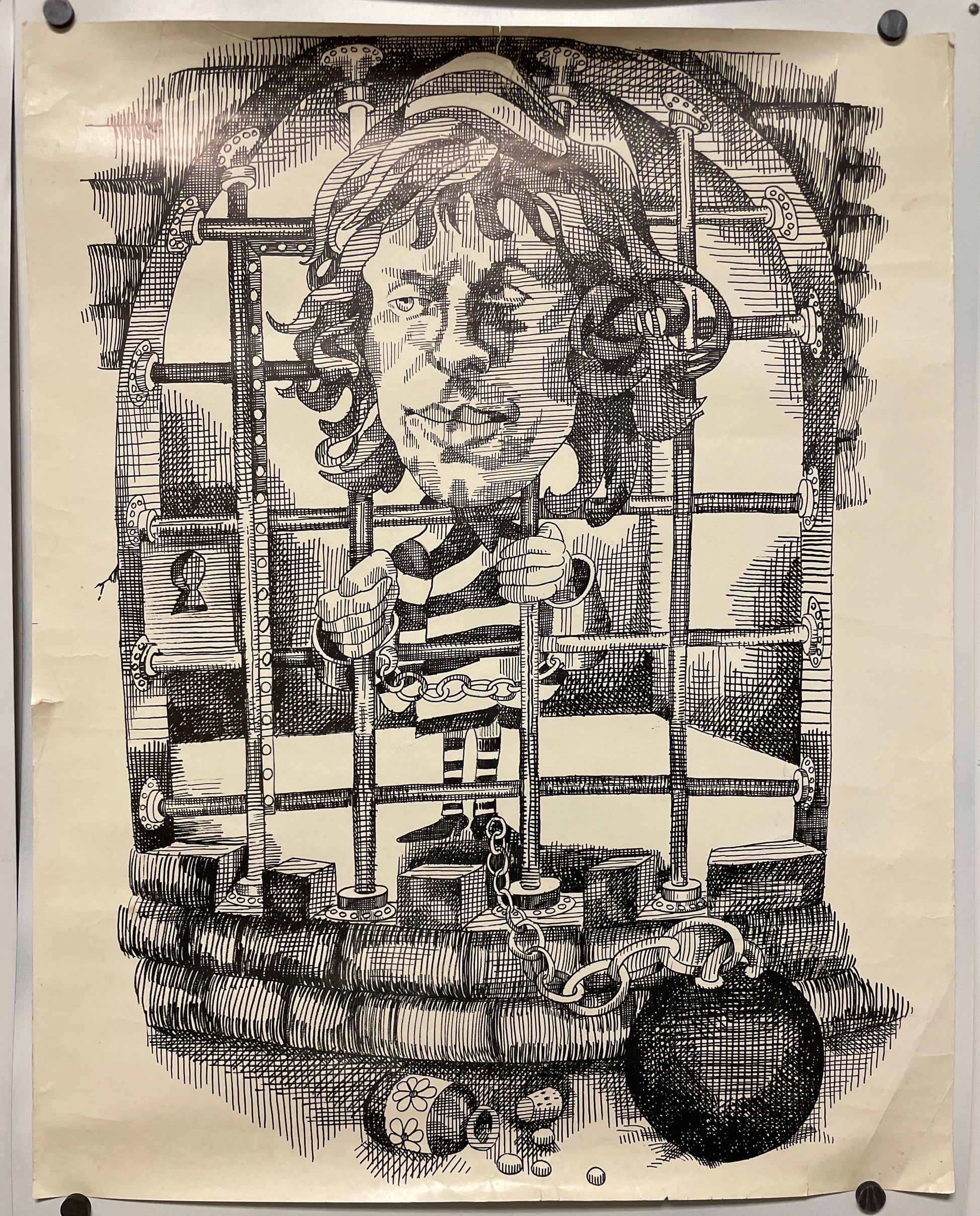 Rare and vintage caricature poster of Mick Jagger of the Rolling Stones in jail, c.1967 at Happiest Kid Finds