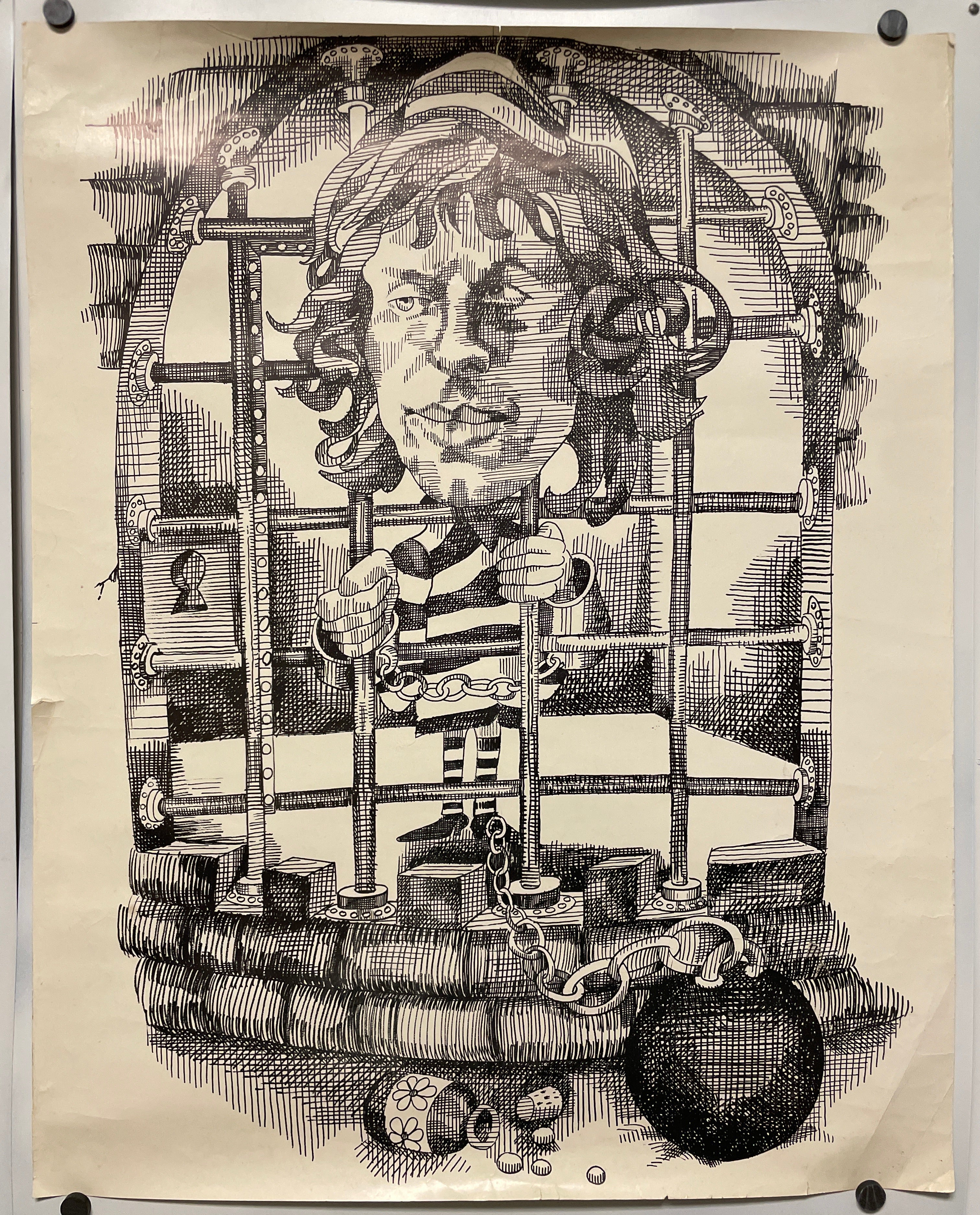 Rare and vintage caricature poster of Mick Jagger of the Rolling Stones in jail, c.1967 at Happiest Kid Finds