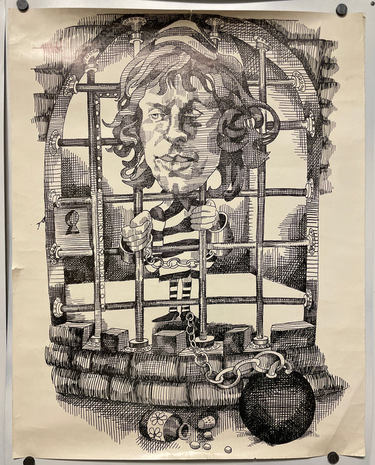 Rare and vintage caricature poster of Mick Jagger of the Rolling Stones in jail, c.1967 at Happiest Kid Finds