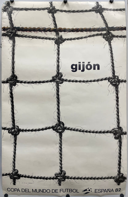 Gijón- Copa del Mundo de Futbol
vintage offset-lithographic sports poster, textured surface with grid pattern.