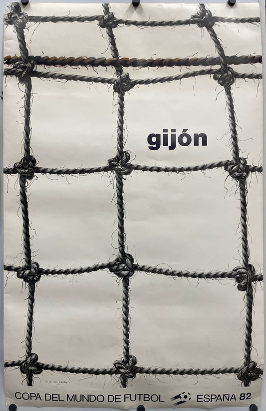 Gijón- Copa del Mundo de Futbol
vintage offset-lithographic sports poster, textured surface with grid pattern.