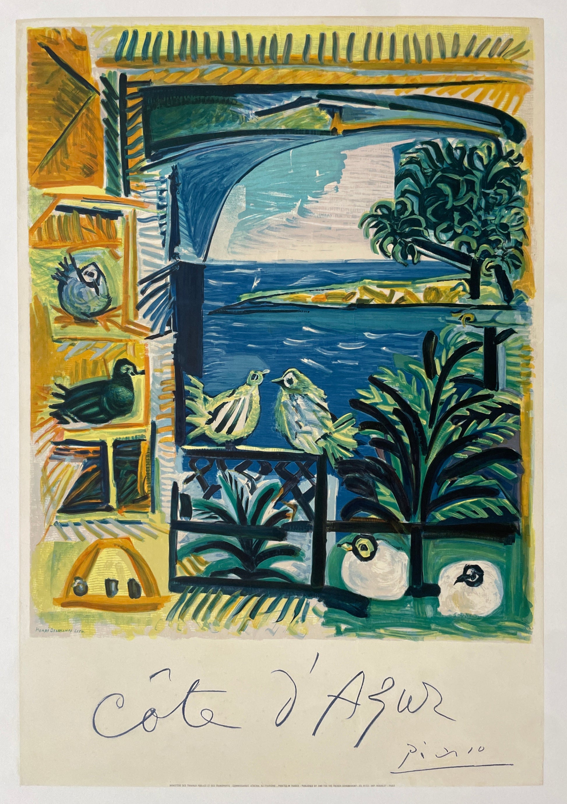 Cote d’Azur, antique travel poster by Picasso, 1962 at Happiest Kid Finds - Colorful artwork of a coastal scene with birds and plants, signed by Pablo Picasso, in collaboration with Henri Deschamps.
