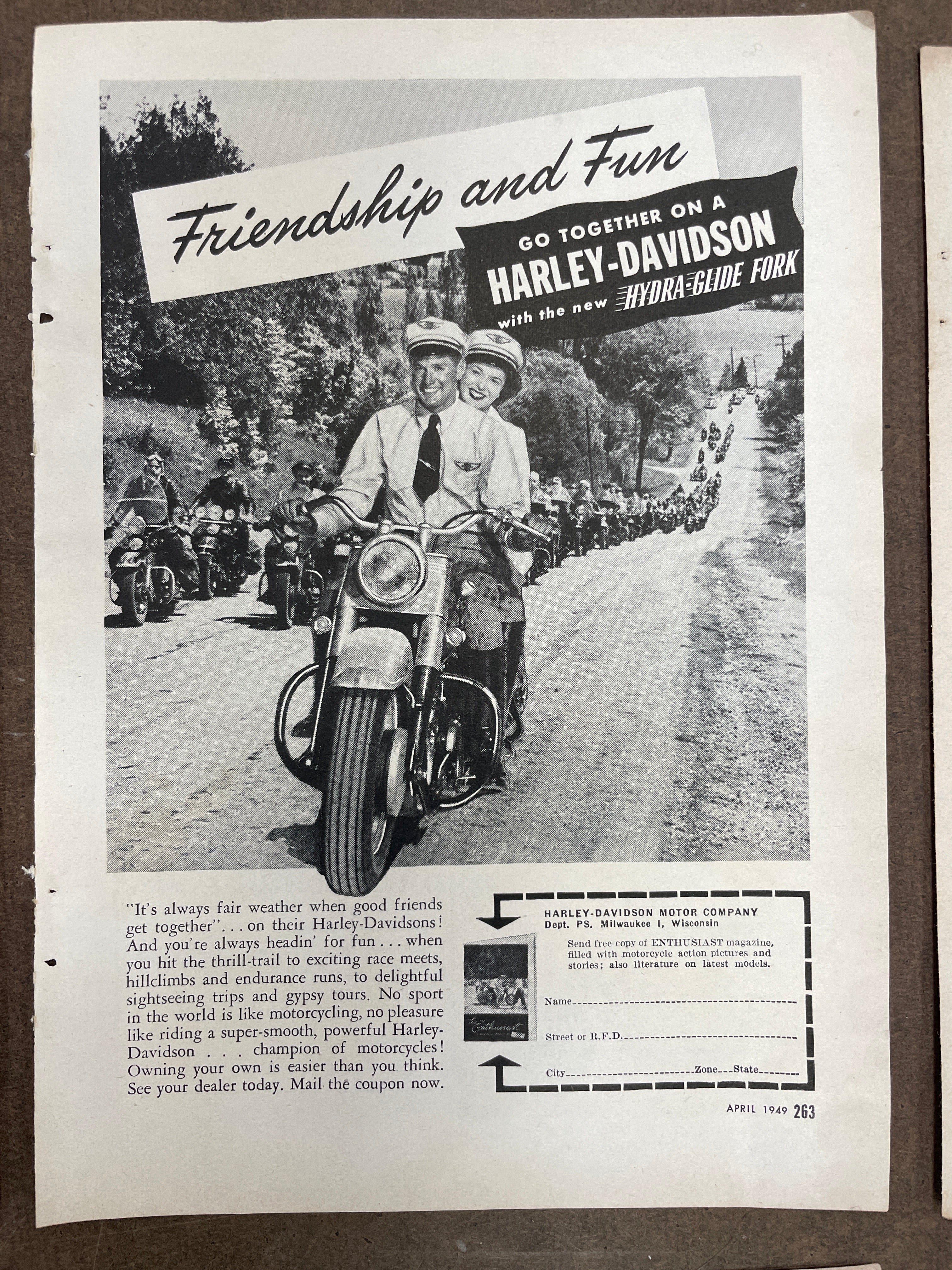 Lot of (11) Vintage Motorcycle Harley-Davidson, Indian, Triumph Motorcycle Magazine Ads from the 1940s and 1950s - HAPPIEST KID FINDS - Museum-quality antique and vintage posters, original art, preservation and restoration