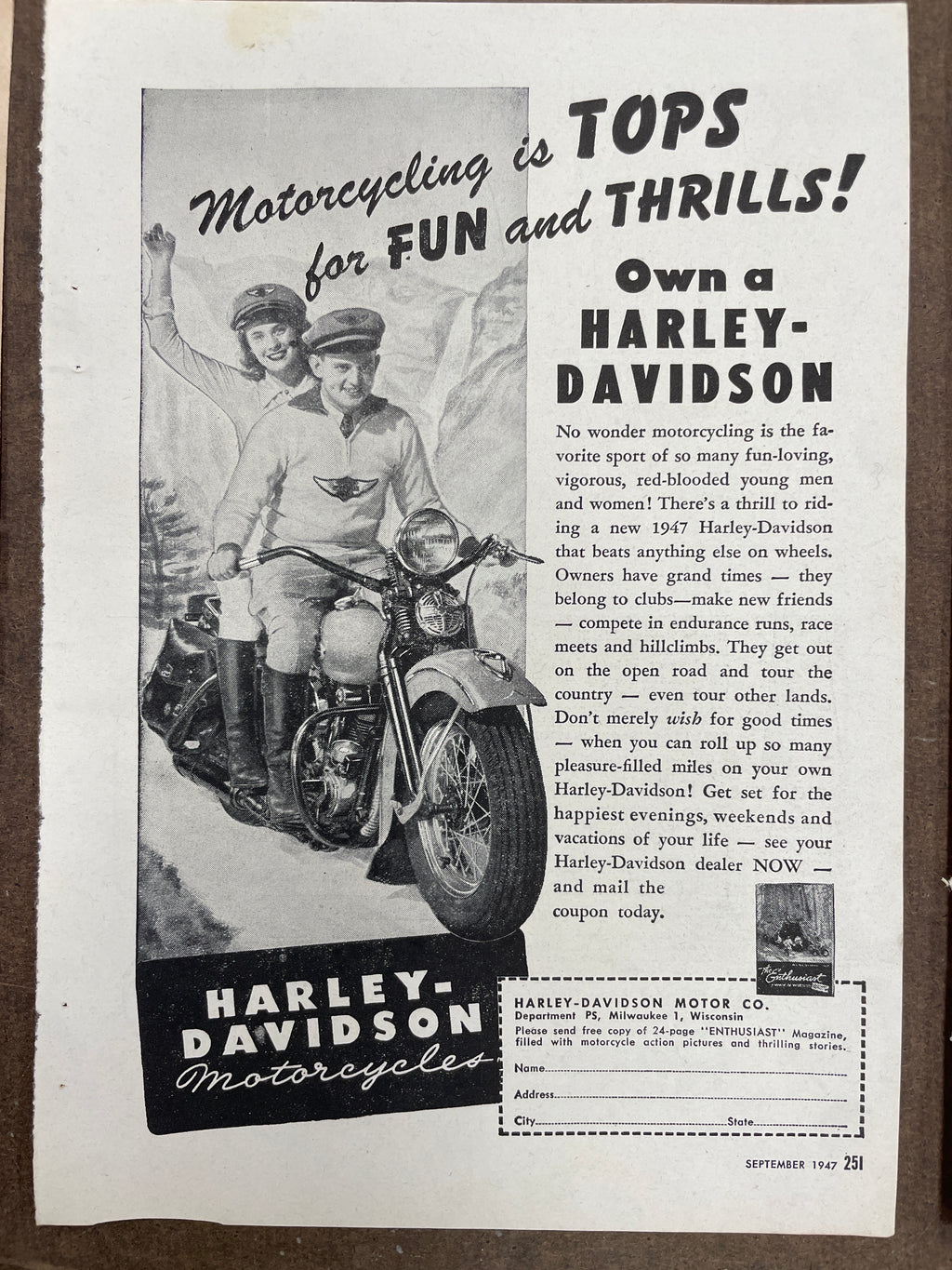 Lot of (11) Vintage Motorcycle Harley-Davidson, Indian, Triumph Motorcycle Magazine Ads from the 1940s and 1950s - HAPPIEST KID FINDS - Museum-quality antique and vintage posters, original art, preservation and restoration