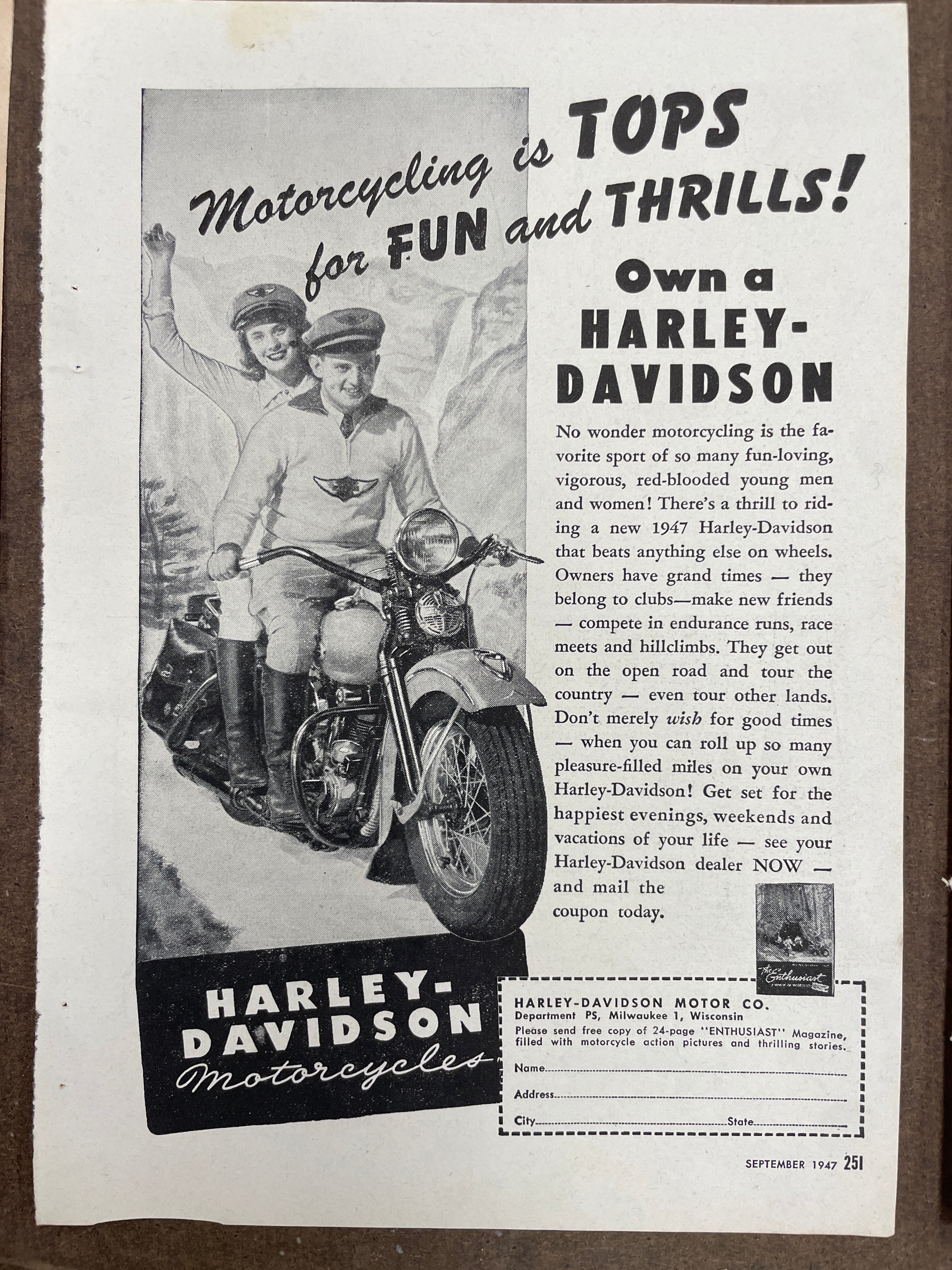 Lot of (11) Vintage Motorcycle Harley-Davidson, Indian, Triumph Motorcycle Magazine Ads from the 1940s and 1950s - HAPPIEST KID FINDS - Museum-quality antique and vintage posters, original art, preservation and restoration