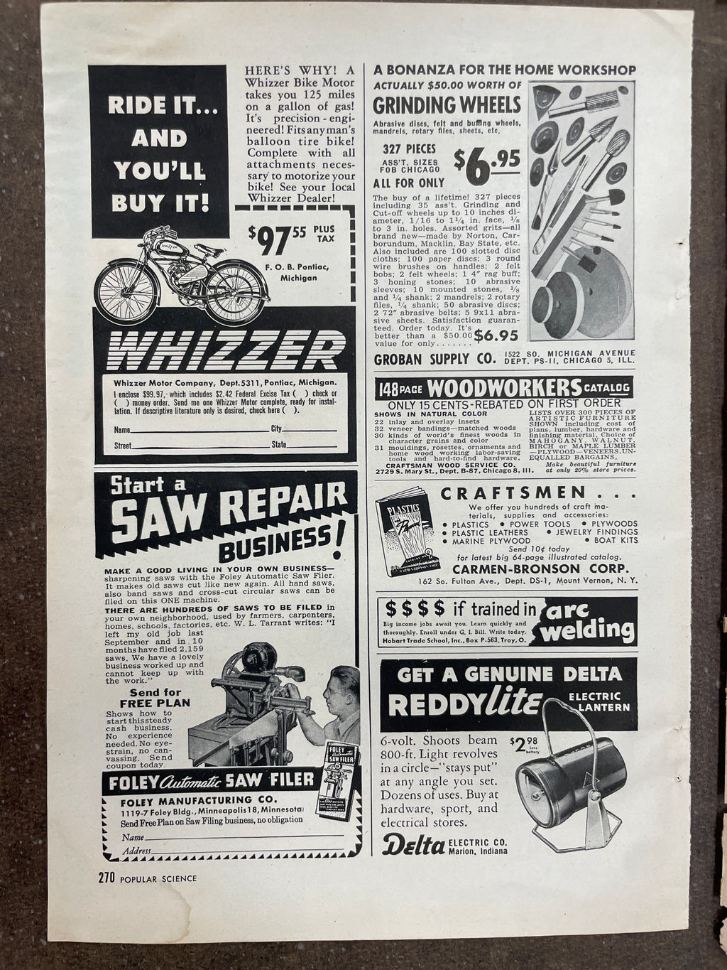 Lot of (11) Vintage Motorcycle Harley-Davidson, Indian, Triumph Motorcycle Magazine Ads from the 1940s and 1950s - HAPPIEST KID FINDS - Museum-quality antique and vintage posters, original art, preservation and restoration