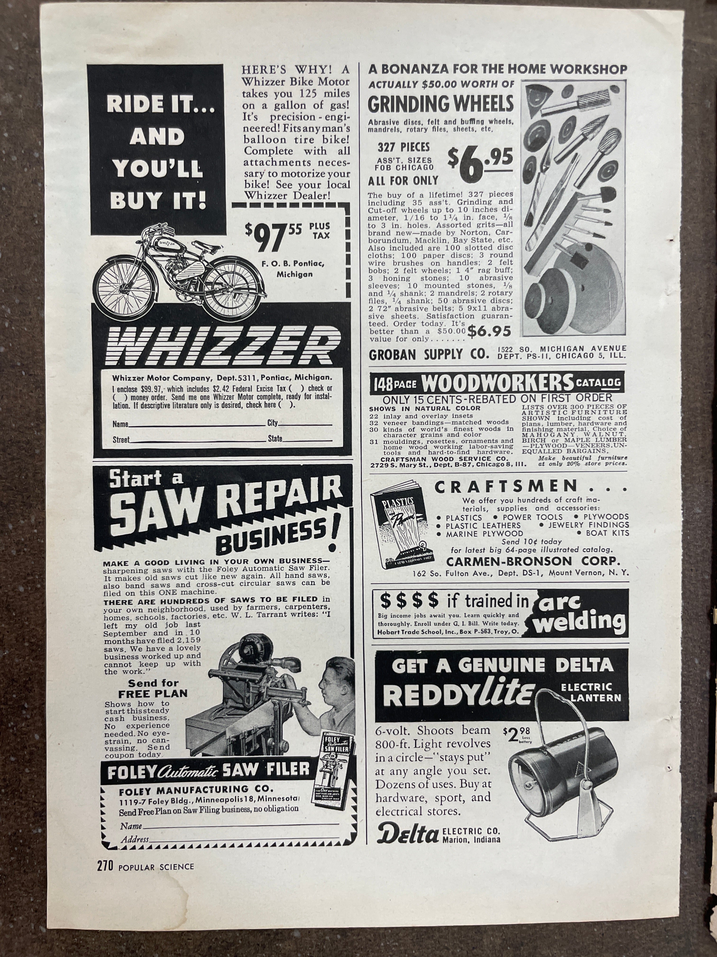Lot of (11) Vintage Motorcycle Harley-Davidson, Indian, Triumph Motorcycle Magazine Ads from the 1940s and 1950s - HAPPIEST KID FINDS - Museum-quality antique and vintage posters, original art, preservation and restoration
