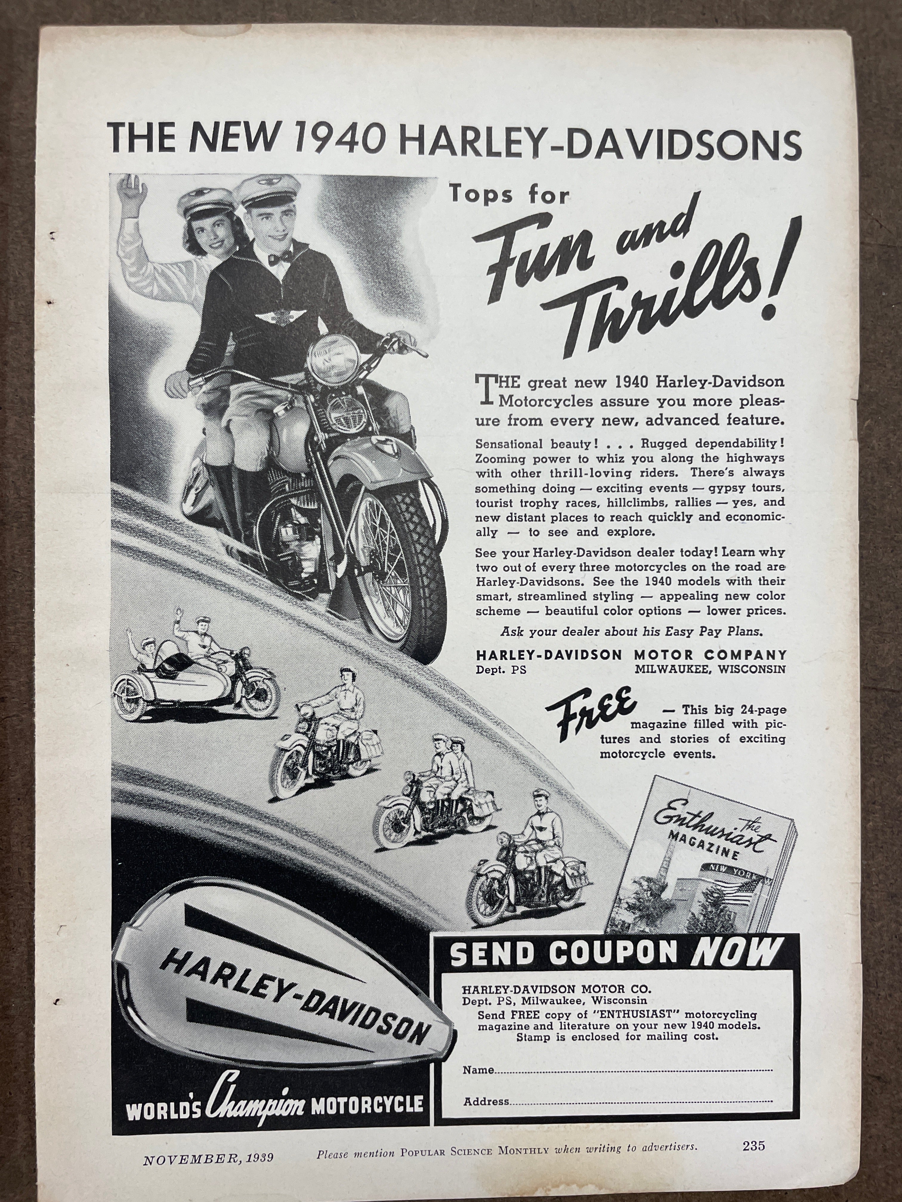 Lot of (11) Vintage Motorcycle Harley-Davidson, Indian, Triumph Motorcycle Magazine Ads from the 1940s and 1950s - HAPPIEST KID FINDS - Museum-quality antique and vintage posters, original art, preservation and restoration