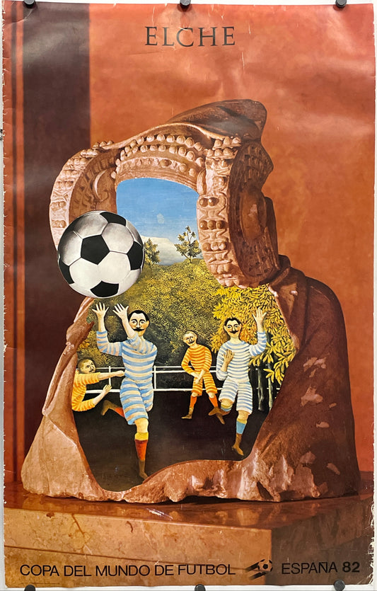 ELCHE - Copa del Mundo de Futbol
vintage offset-lithographic sports poster. Image with a soccer ball and people playing soccer, framed with decorative elements.