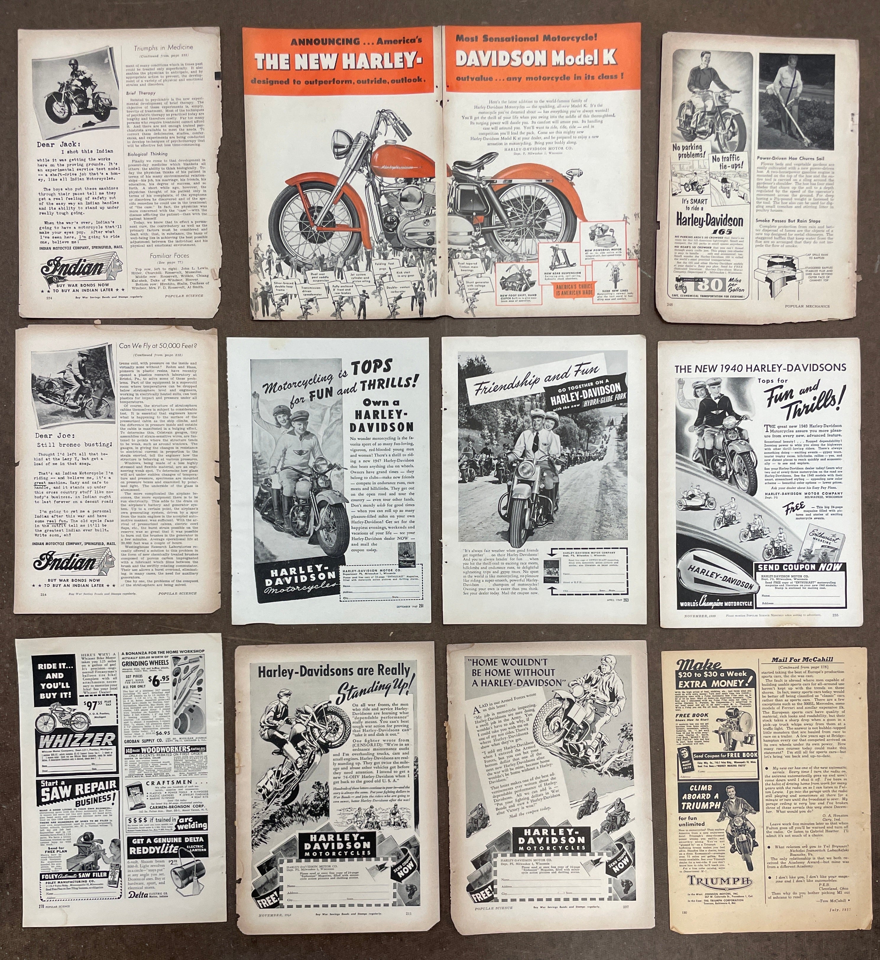 Lot of (11) Vintage Motorcycle Harley-Davidson, Indian, Triumph Motorcycle Magazine Ads from the 1940s and 1950s - HAPPIEST KID FINDS - Museum-quality antique and vintage posters, original art, preservation and restoration