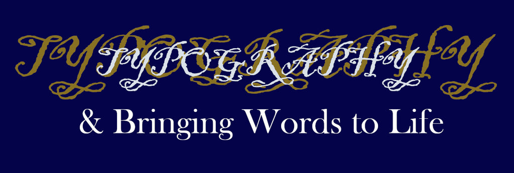 Decorative text with 'TYPOGRAPHY' in gold and white on a blue background, accompanied by the phrase '& Bringing Words to Life'.
